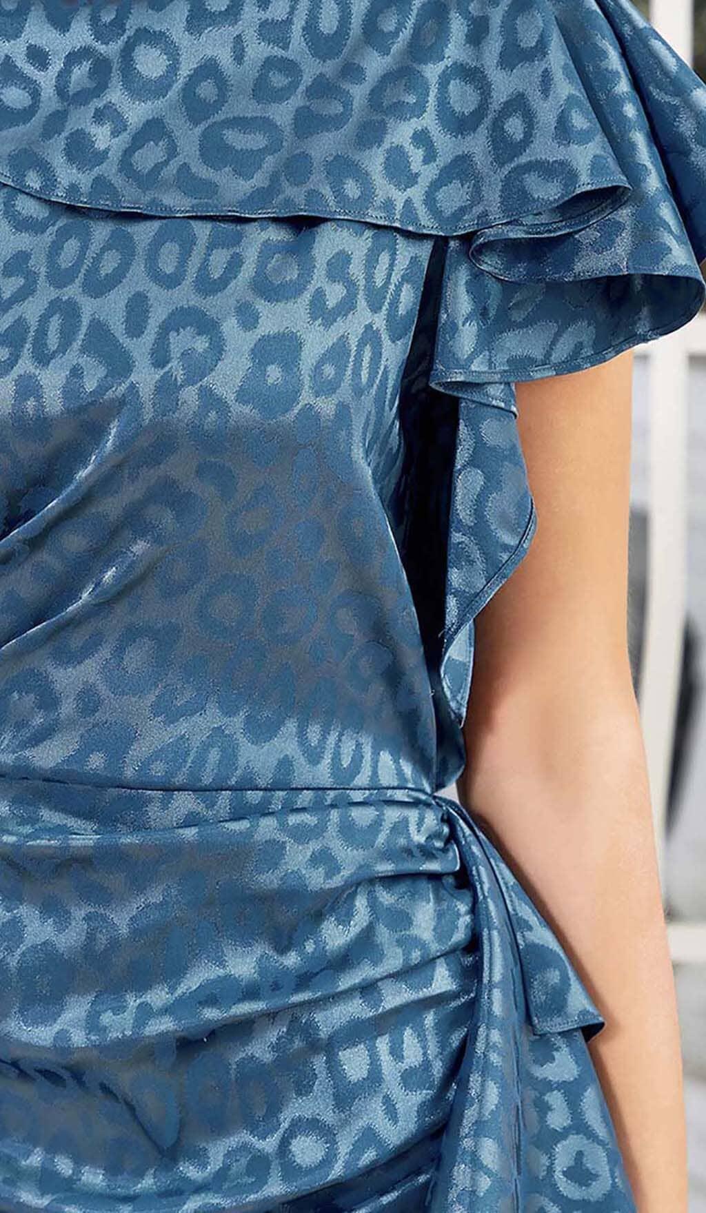 LEOPARD JACQUARD RUFFLE TRIM MIDI DRESS IN DARK BLUE