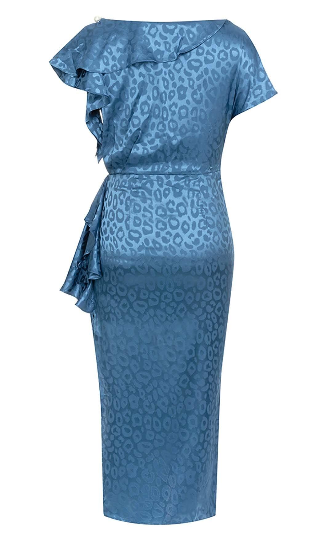 LEOPARD JACQUARD RUFFLE TRIM MIDI DRESS IN DARK BLUE