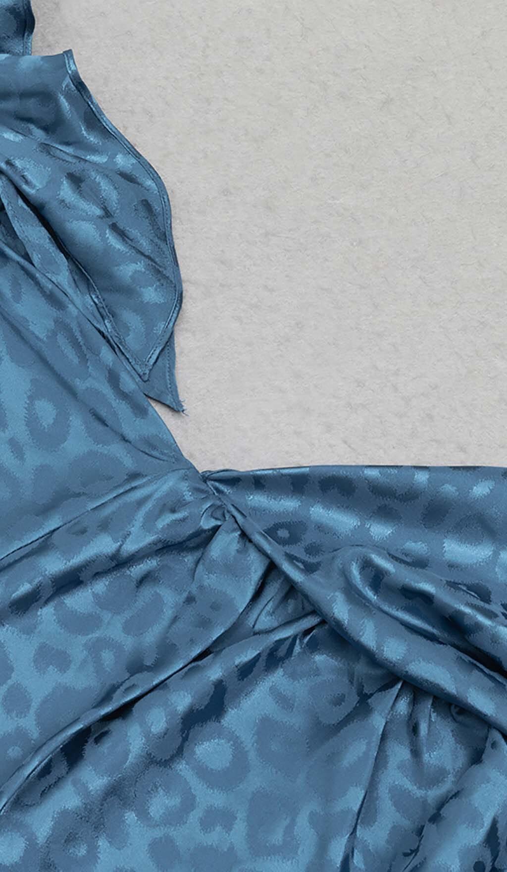 LEOPARD JACQUARD RUFFLE TRIM MIDI DRESS IN DARK BLUE