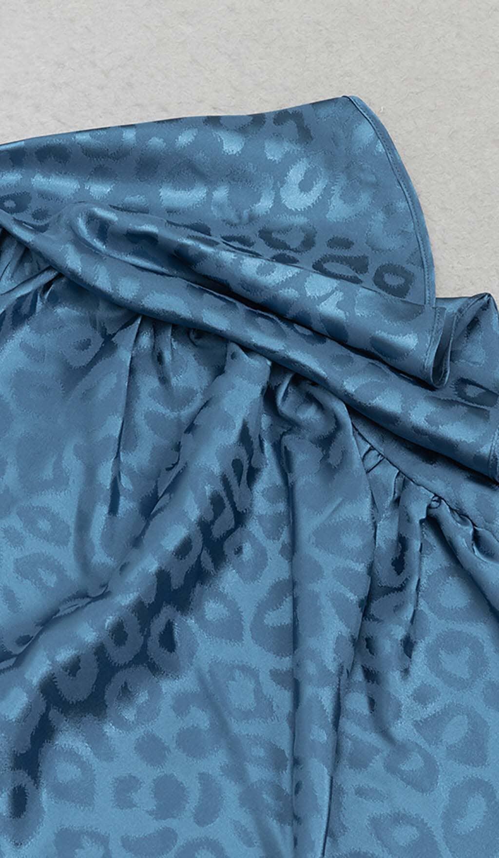 LEOPARD JACQUARD RUFFLE TRIM MIDI DRESS IN DARK BLUE
