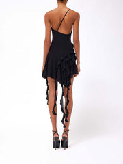 ROSE-DETAIL RUFFLED MINI DRESS IN BLACK