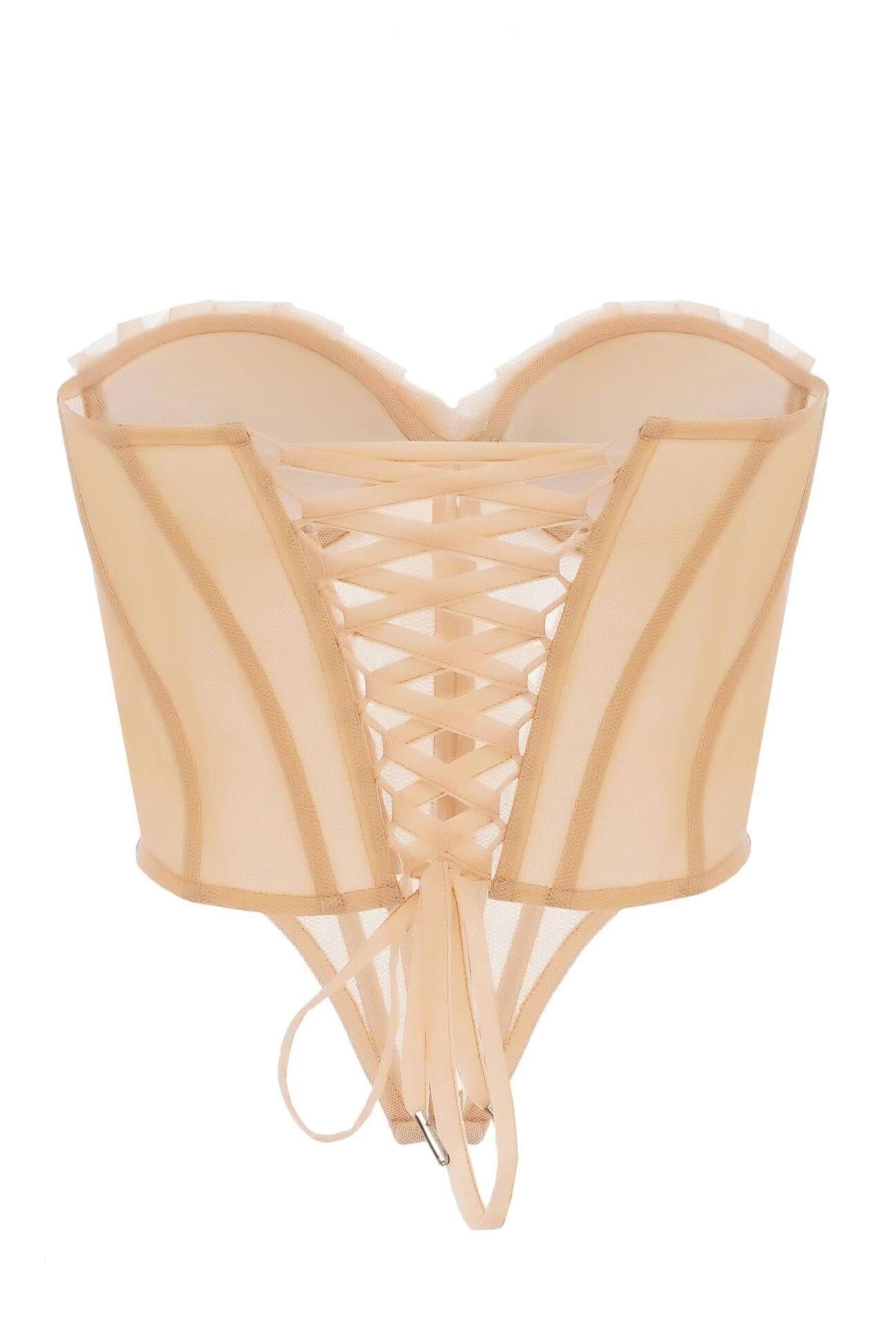 SHELL MESH LACE UP CORSET TOP IN BEIGE