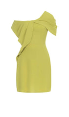 ASYMMETRICAL NECK RUFFLE MINI DRESS IN GREEN