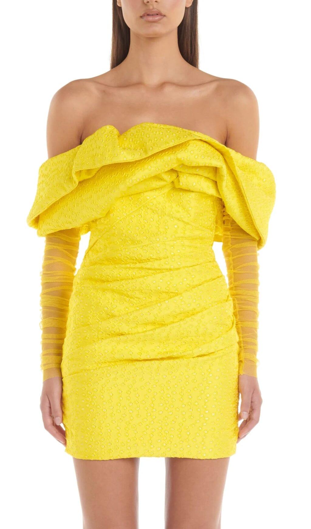 YELLOW OFF SHOULDER RUCHED MESH MINI DRESS