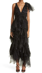 FEATHER V-NECK FLUTED MIDI DRESS IN BLACK