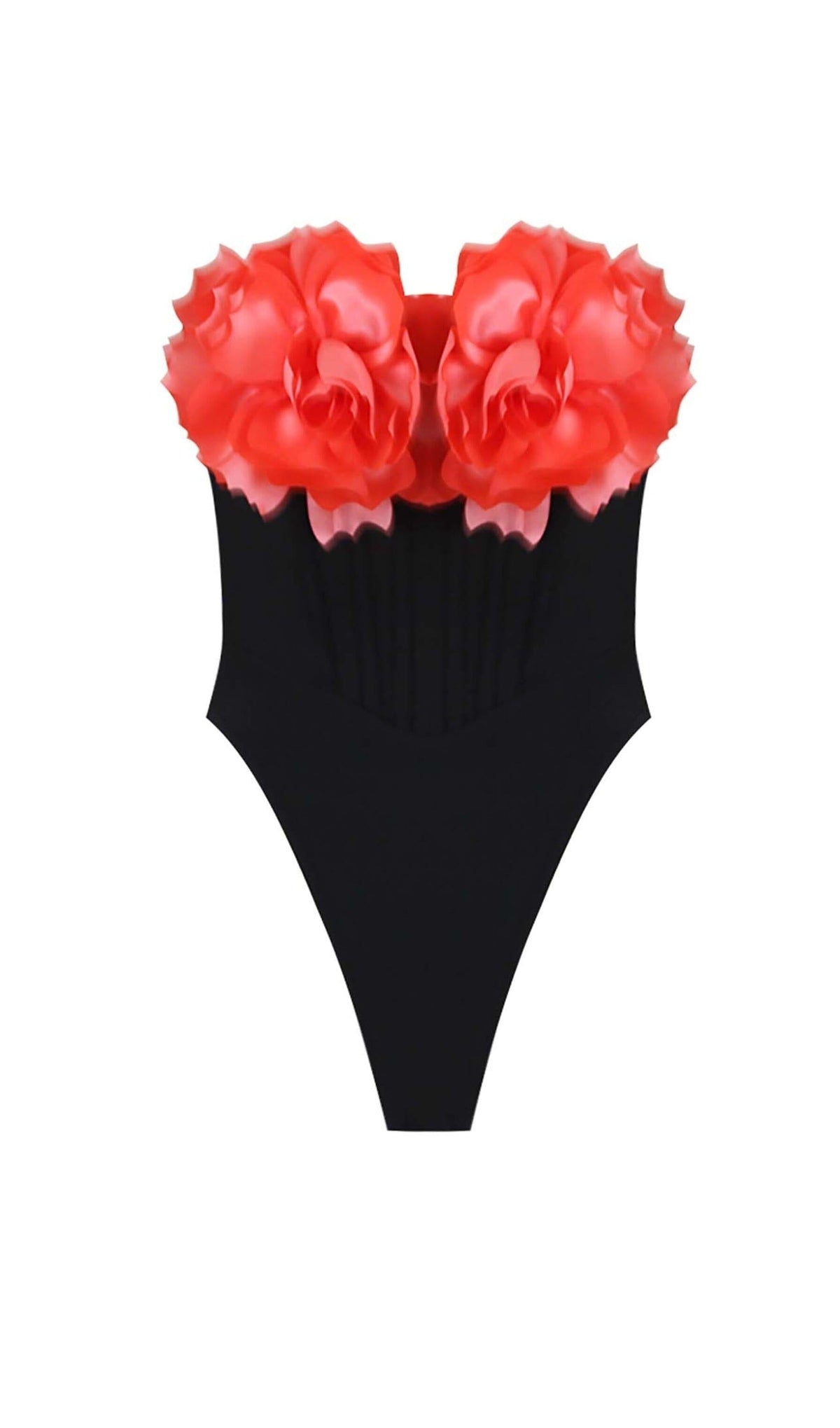 FLORAL APPLIQUÉD CORSET SWIMSUIT IN BLACK