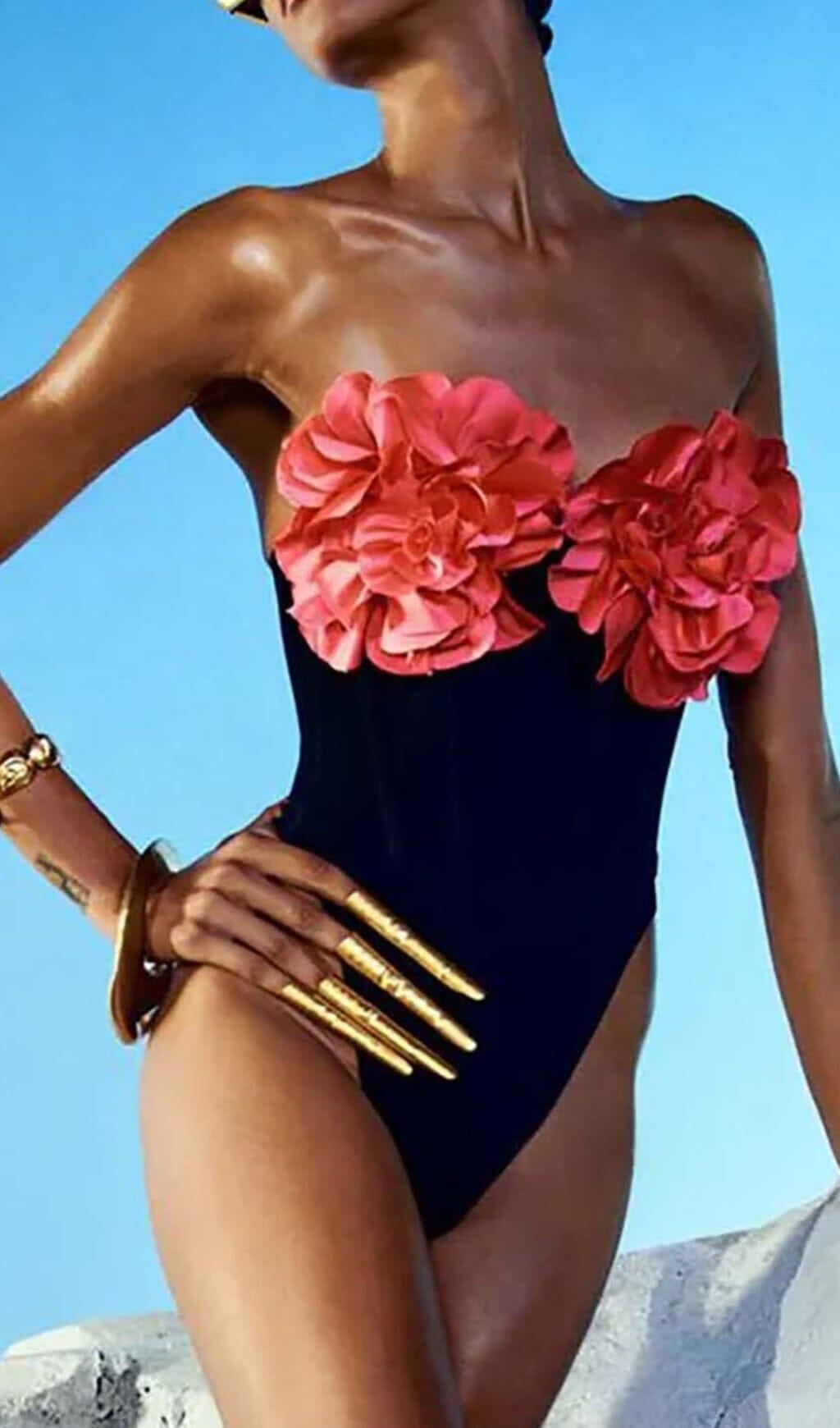 FLORAL APPLIQUÉD CORSET SWIMSUIT IN BLACK