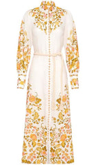 FLORAL-PRINT ROPE BELT MIDI DRESS IN IVORY