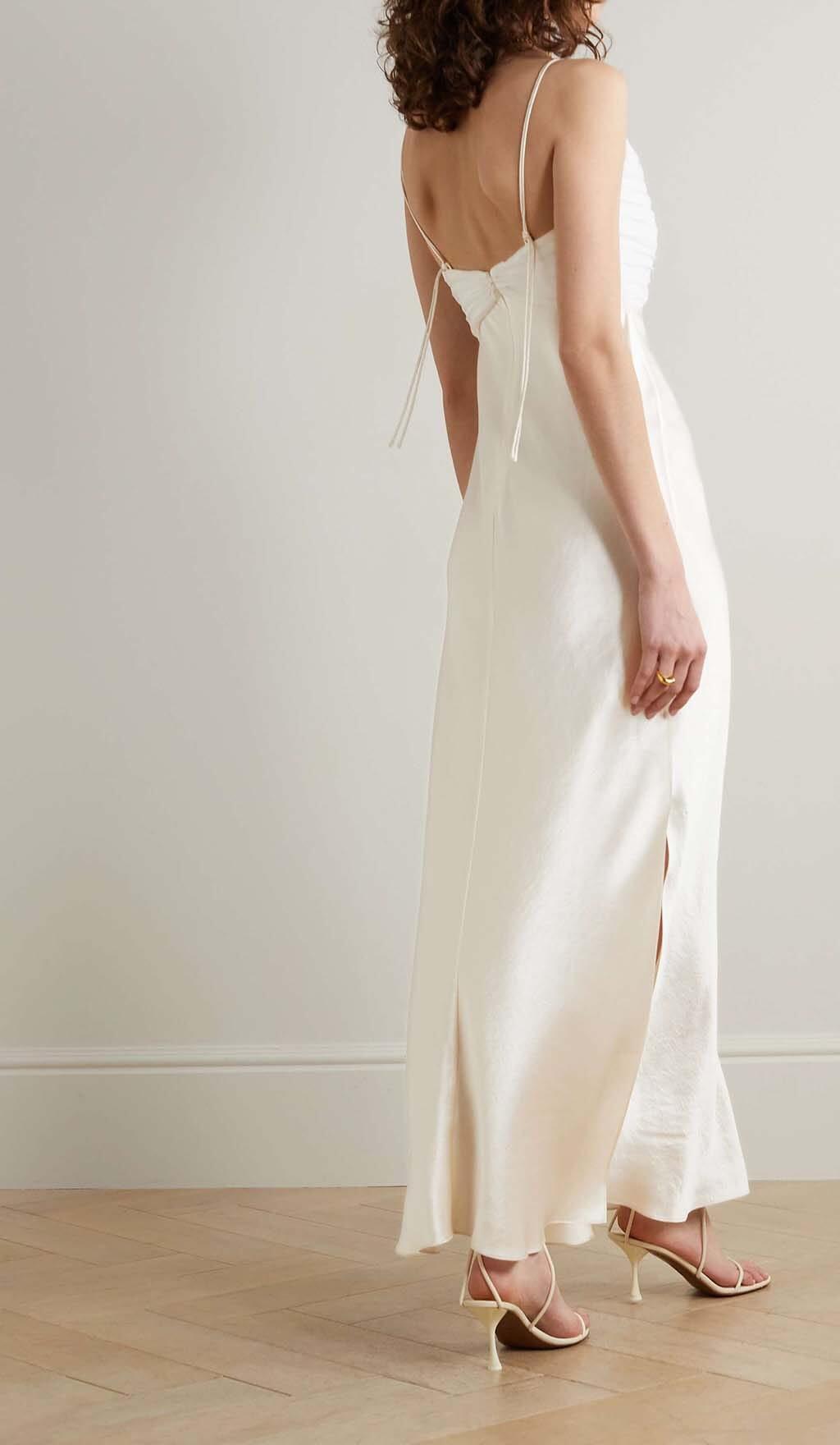 GEORGETTE PLEATED SATIN MAXI DRESS IN WHITE