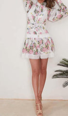 LACE TRIM LANTERN SLEEVE MINI DRESS IN FLORAL