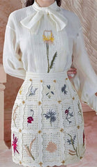 LANTERN SLEEVE EMBROIDERY TWO PIECE SET IN WHITE