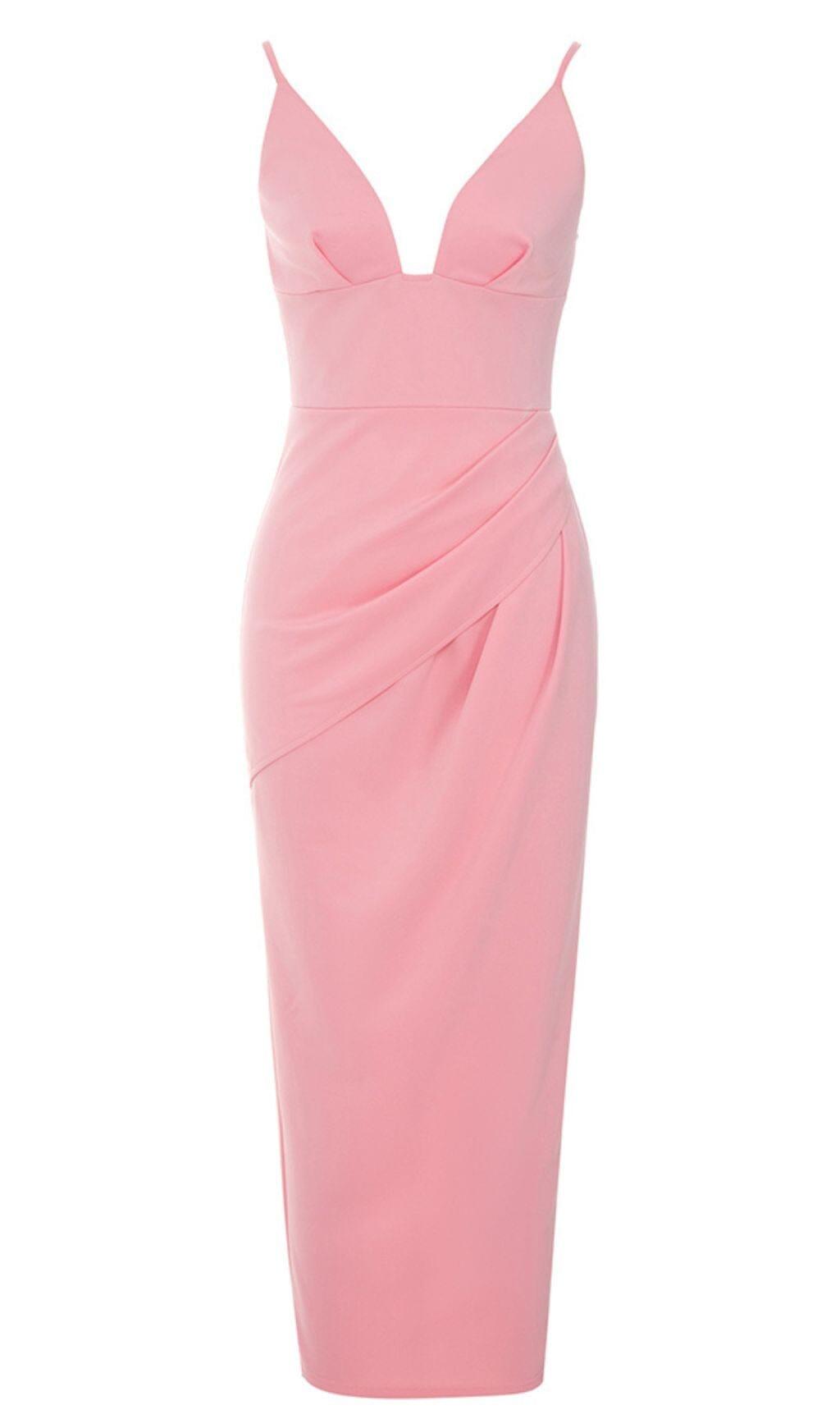 SATIN STRAPY SPLIT MIDI DRESS IN PINK