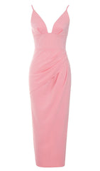 SATIN STRAPY SPLIT MIDI DRESS IN PINK