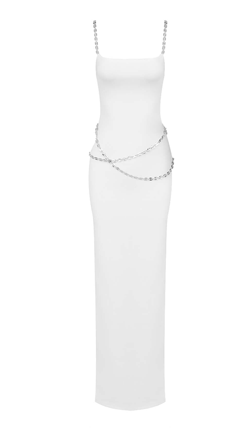 CRYSTAL STRAPPY BANDAGE MAXI DRESS IN WHITE