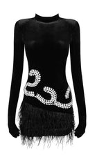 FEATHER VELVET GLOVES MINI DRESS IN BLACK