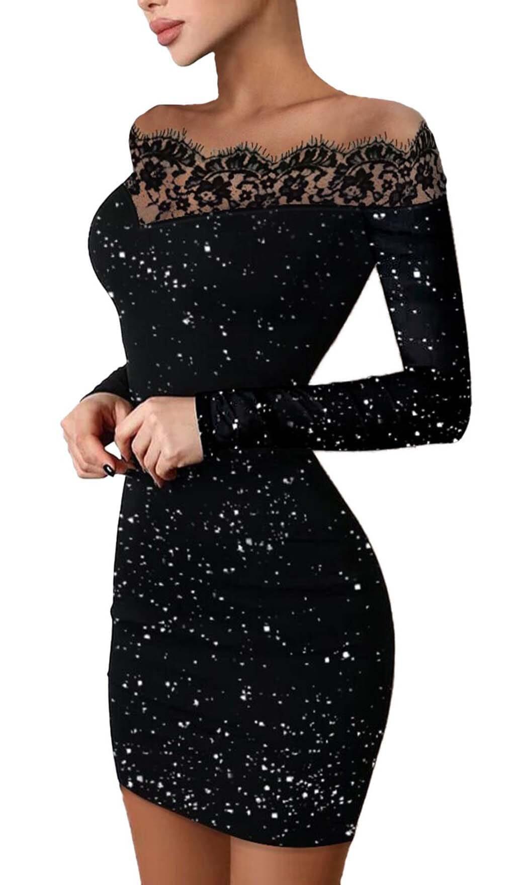 LACE STITCHING GLITTER MINI DRESS IN BLACK