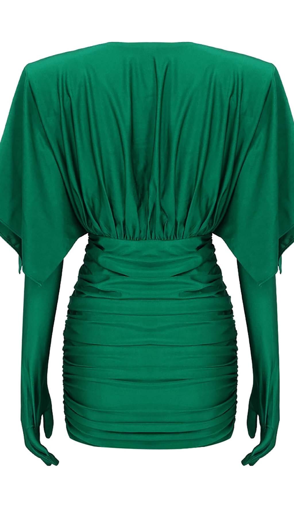 RUCHED SATIN MINI DRESS IN GREEN