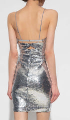 SEQUIN CUTOUT DRAPED MINI DRESS IN METALLIC SILVER