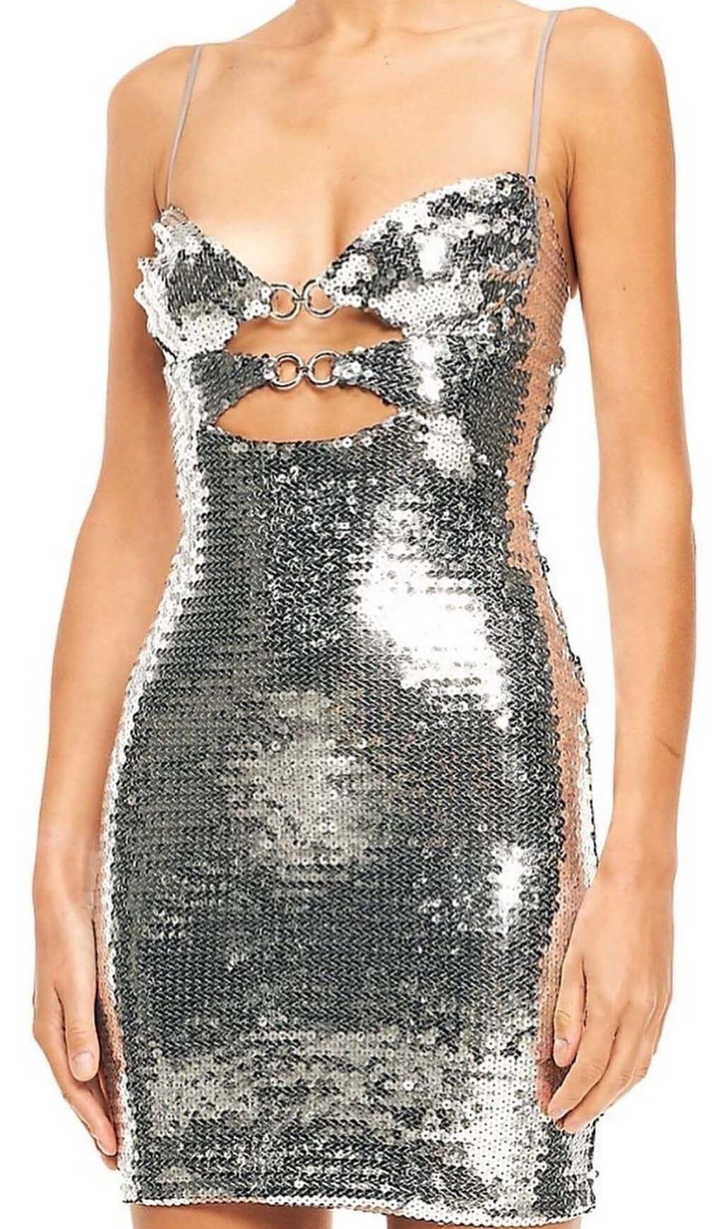 SEQUIN CUTOUT DRAPED MINI DRESS IN METALLIC SILVER