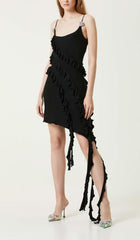 SLEEVELESS LRREGULAR RUFFLE MINI DRESS IN BLACK