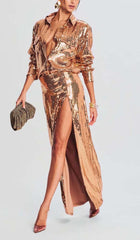 THIGH SLIT GLITTER MAXI DRESS IN METALLIC GOLD