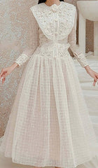 EMBROIDERY LACE LONG SLEEVE MIDI DRESS IN WHITE