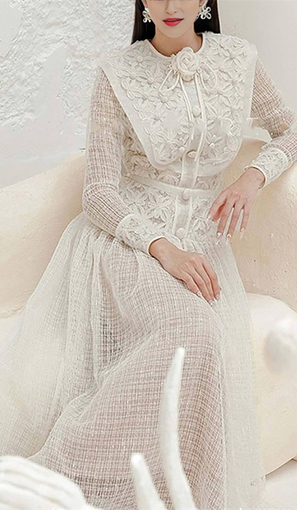 EMBROIDERY LACE LONG SLEEVE MIDI DRESS IN WHITE