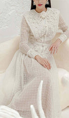 EMBROIDERY LACE LONG SLEEVE MIDI DRESS IN WHITE