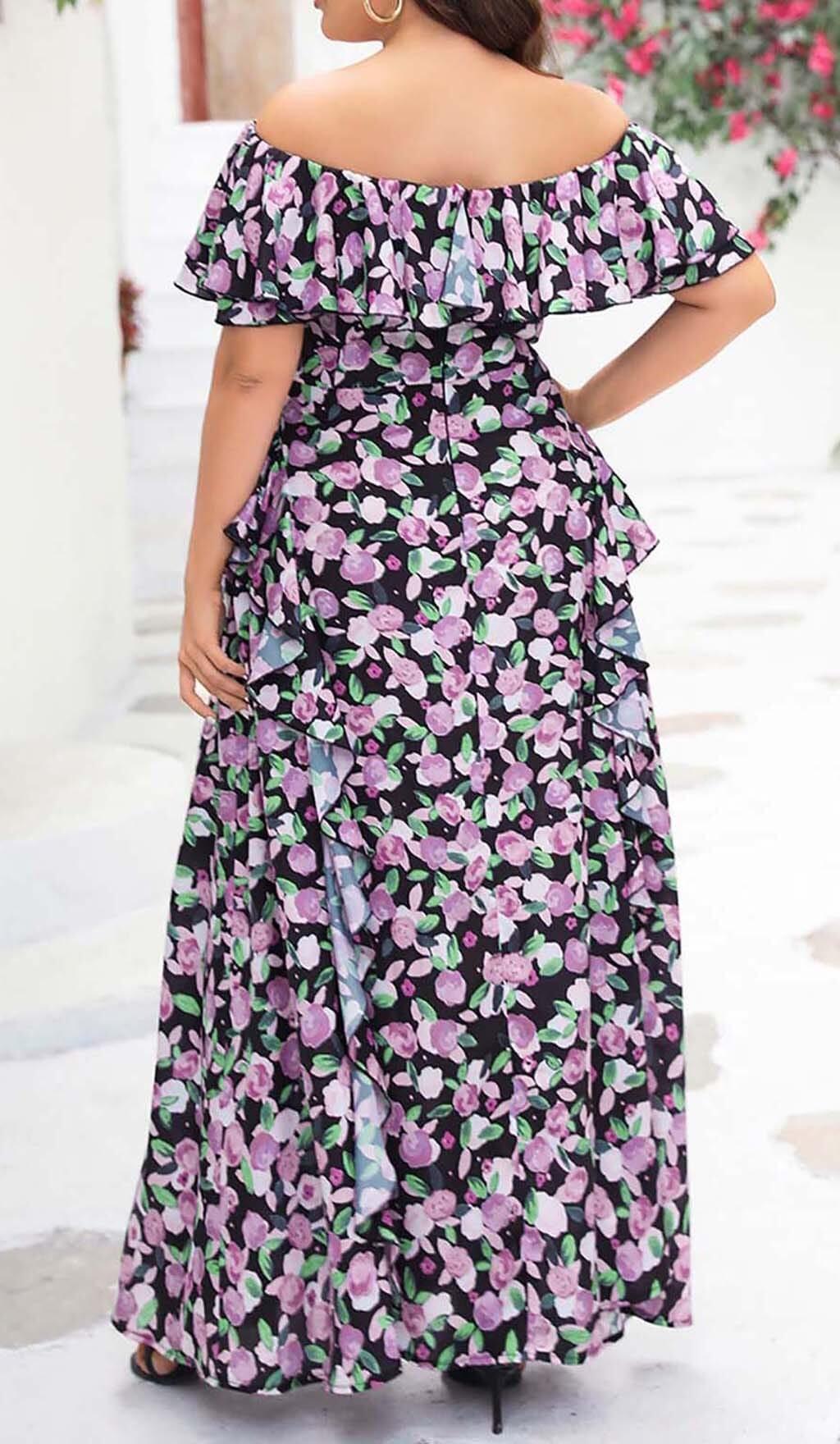 PLUS SIZE FLORAL RUCHED SLIT MIDI DRESS