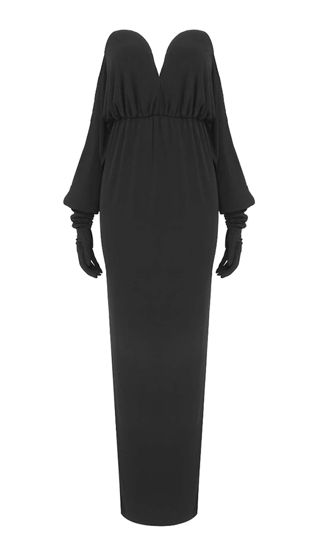 STRAPLESS DRAPED KNITTED MAXI DRESS IN NOIR