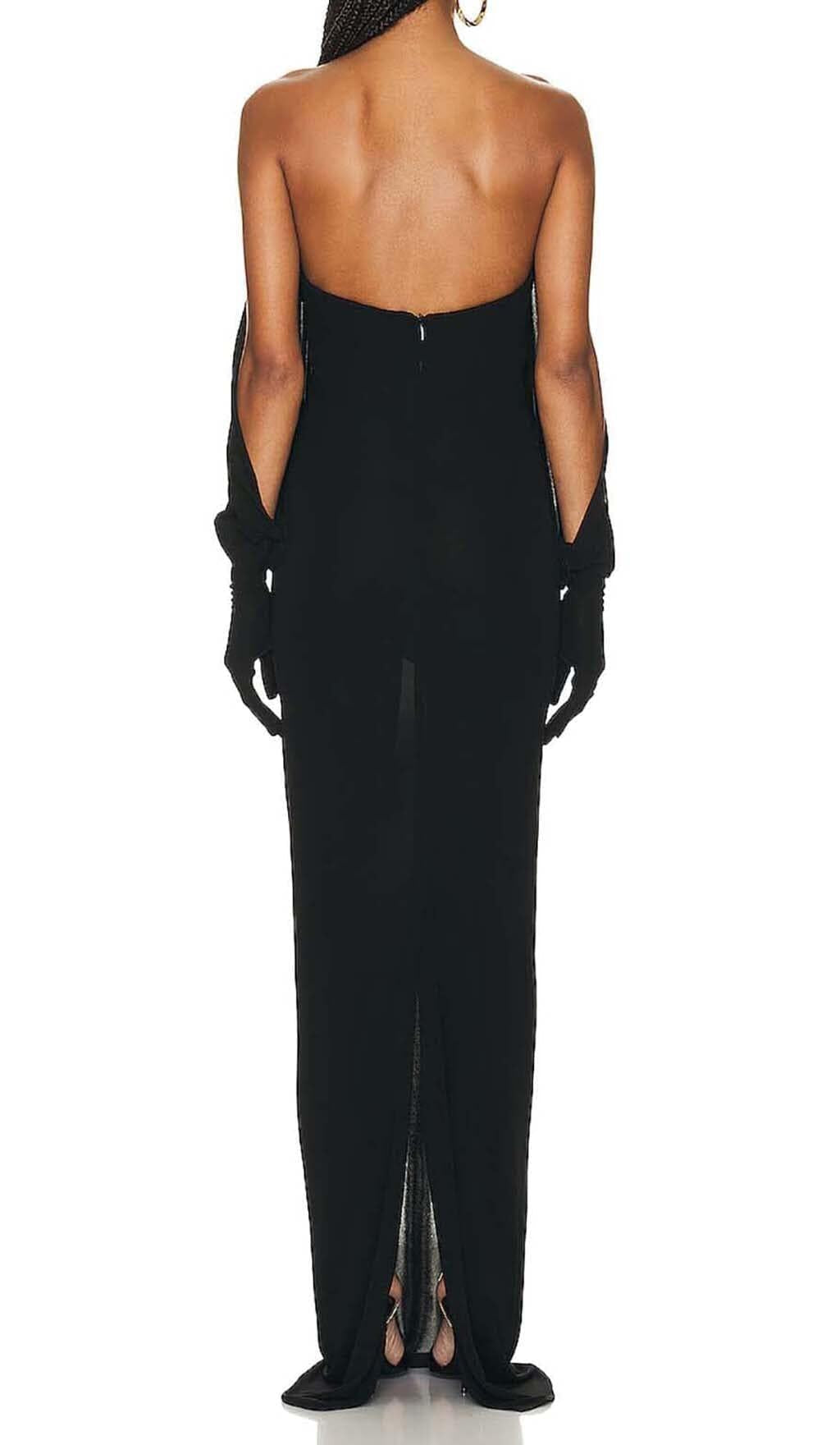 STRAPLESS DRAPED KNITTED MAXI DRESS IN NOIR