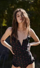 CHERRY PLUNGE SWIMSUIT - BLACK