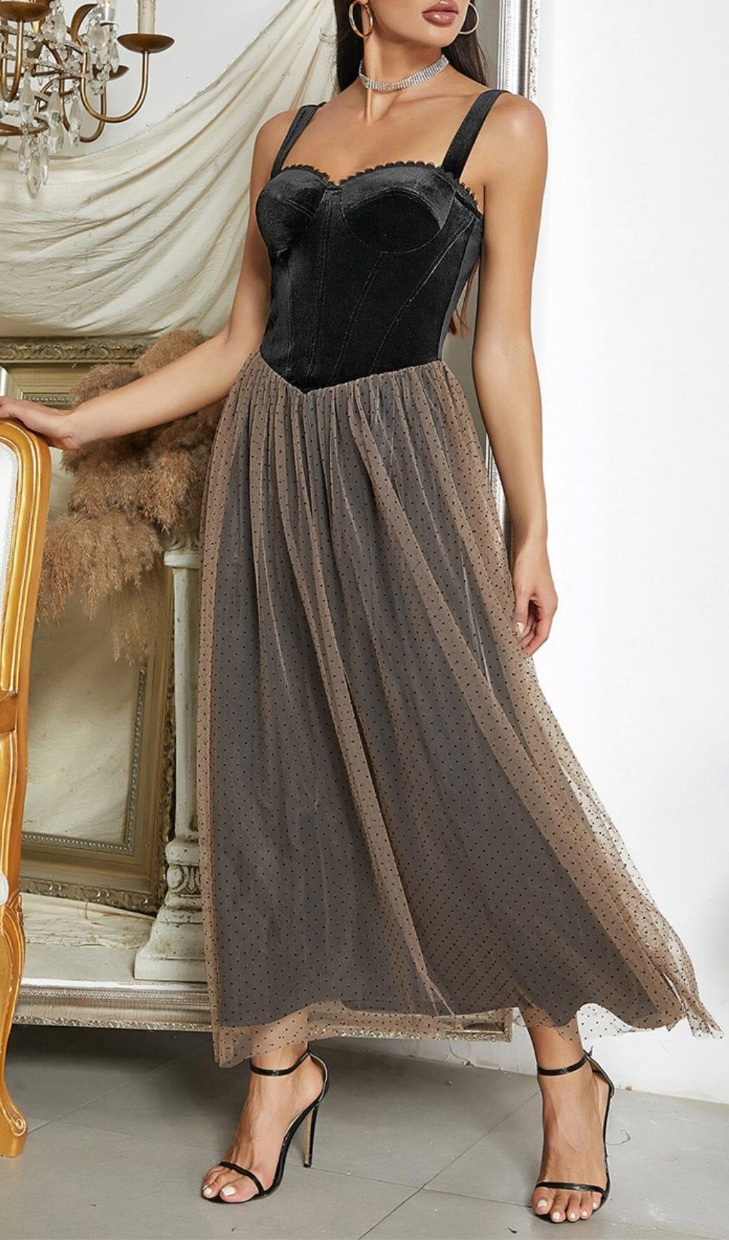 VELVET CORSET MESH MAXI DRESS