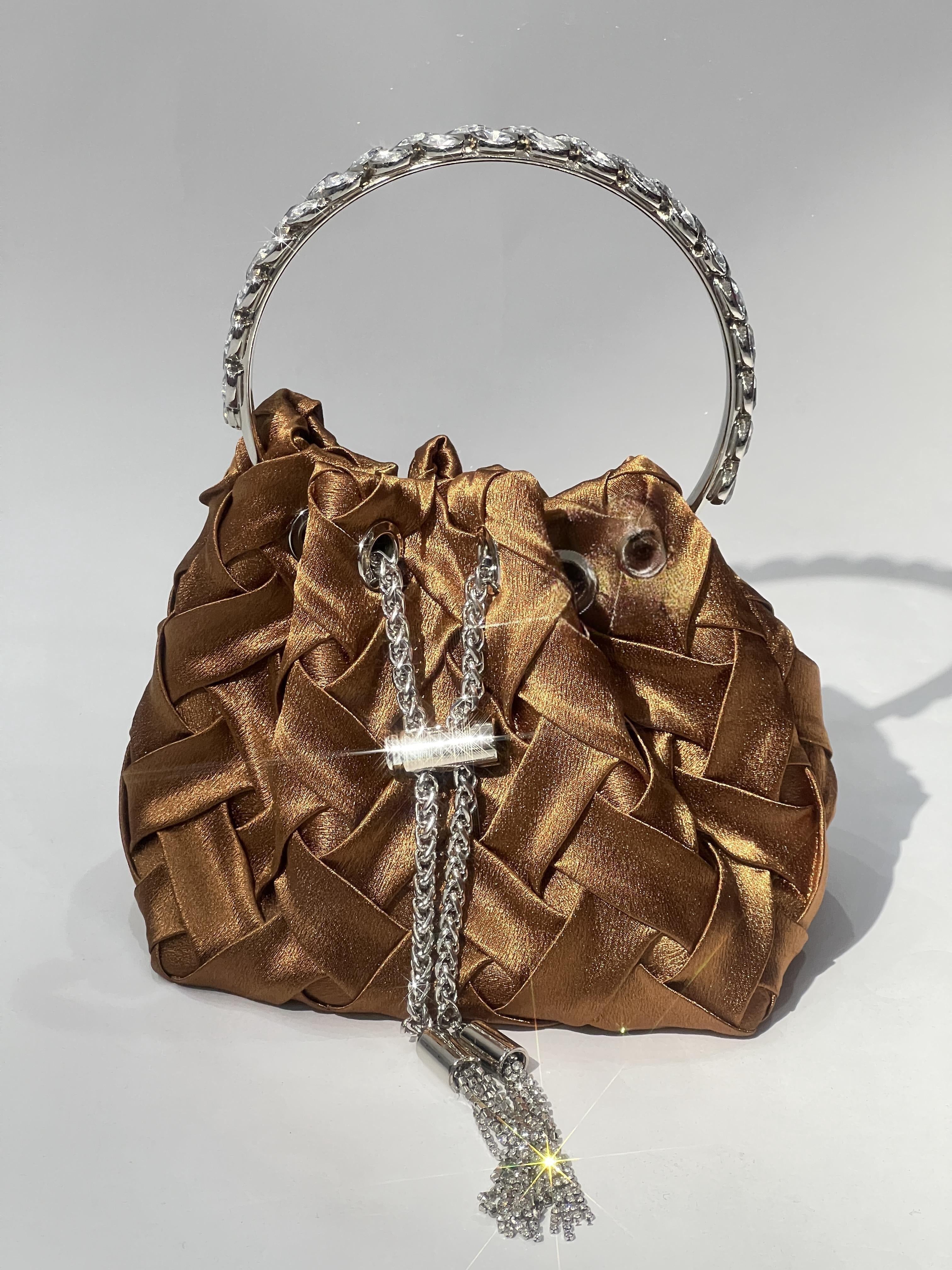 VELVET WEAVE CRYSTAL EMBELLISHED BUCKET BAG IN BROWN