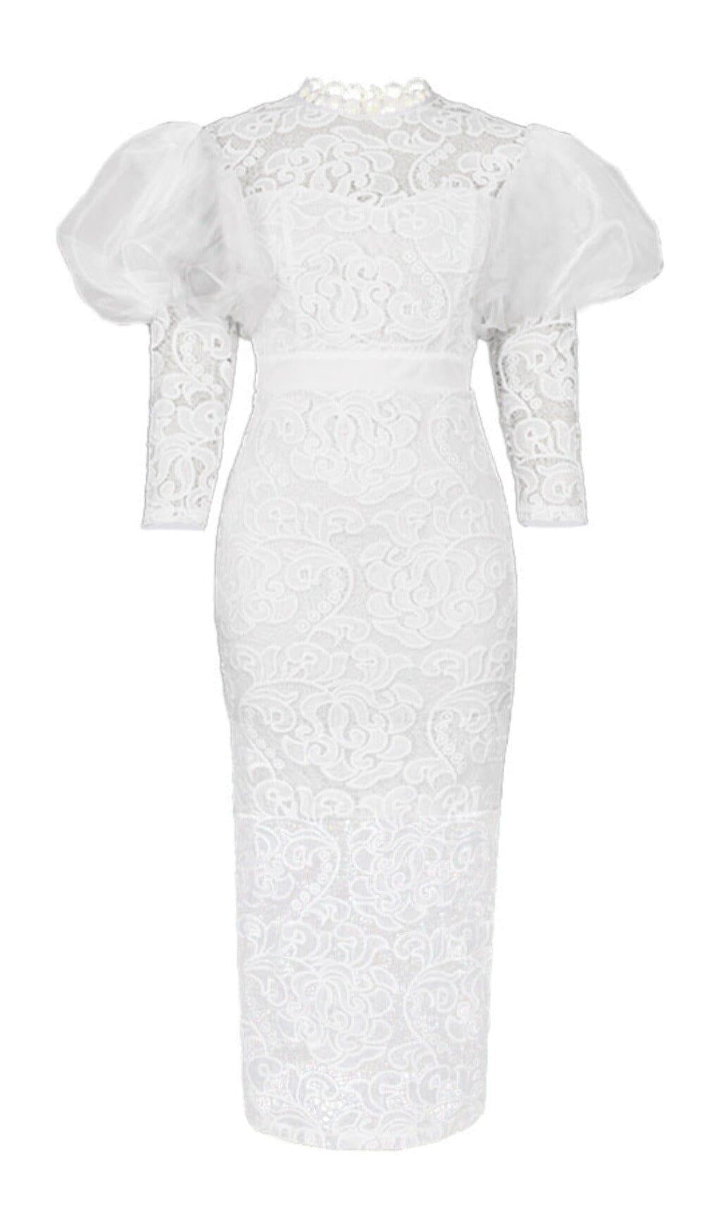 WHITE PUFF SLEEVE LACE MIDI DRESS