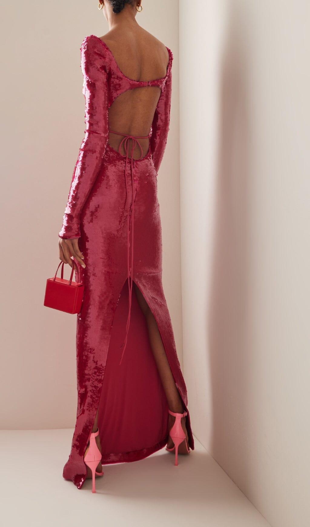 SEQUIN-EMBROIDERED CUT-OUT MAXI DRESS IN RED