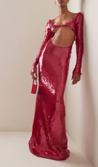 SEQUIN-EMBROIDERED CUT-OUT MAXI DRESS IN RED