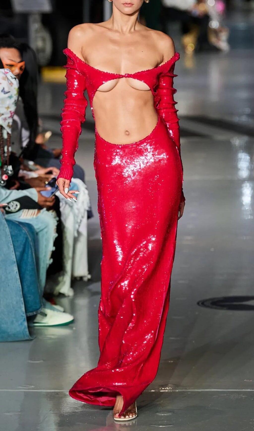 SEQUIN-EMBROIDERED CUT-OUT MAXI DRESS IN RED