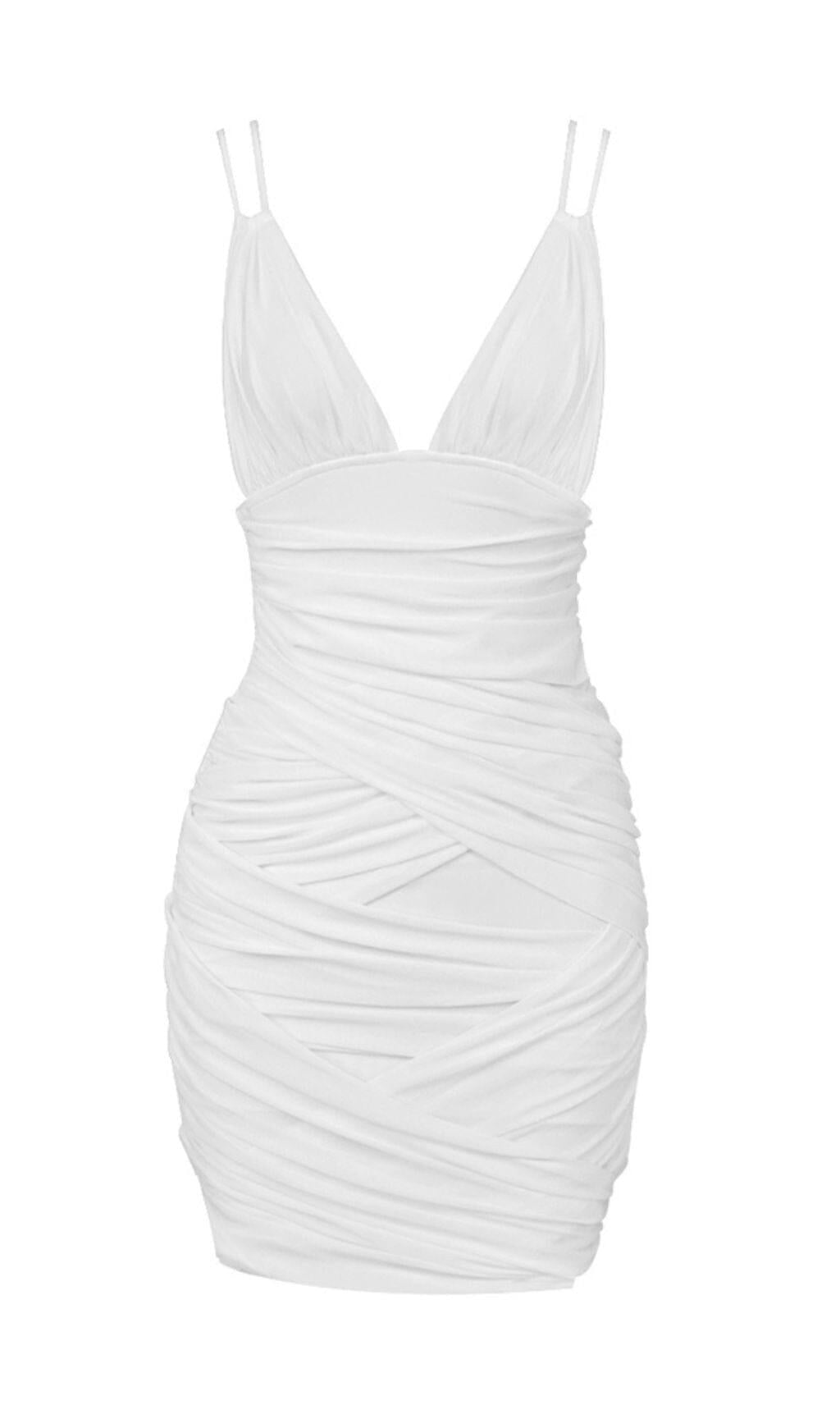 RUCHED SUSPENDER MINI DRESS IN WHITE