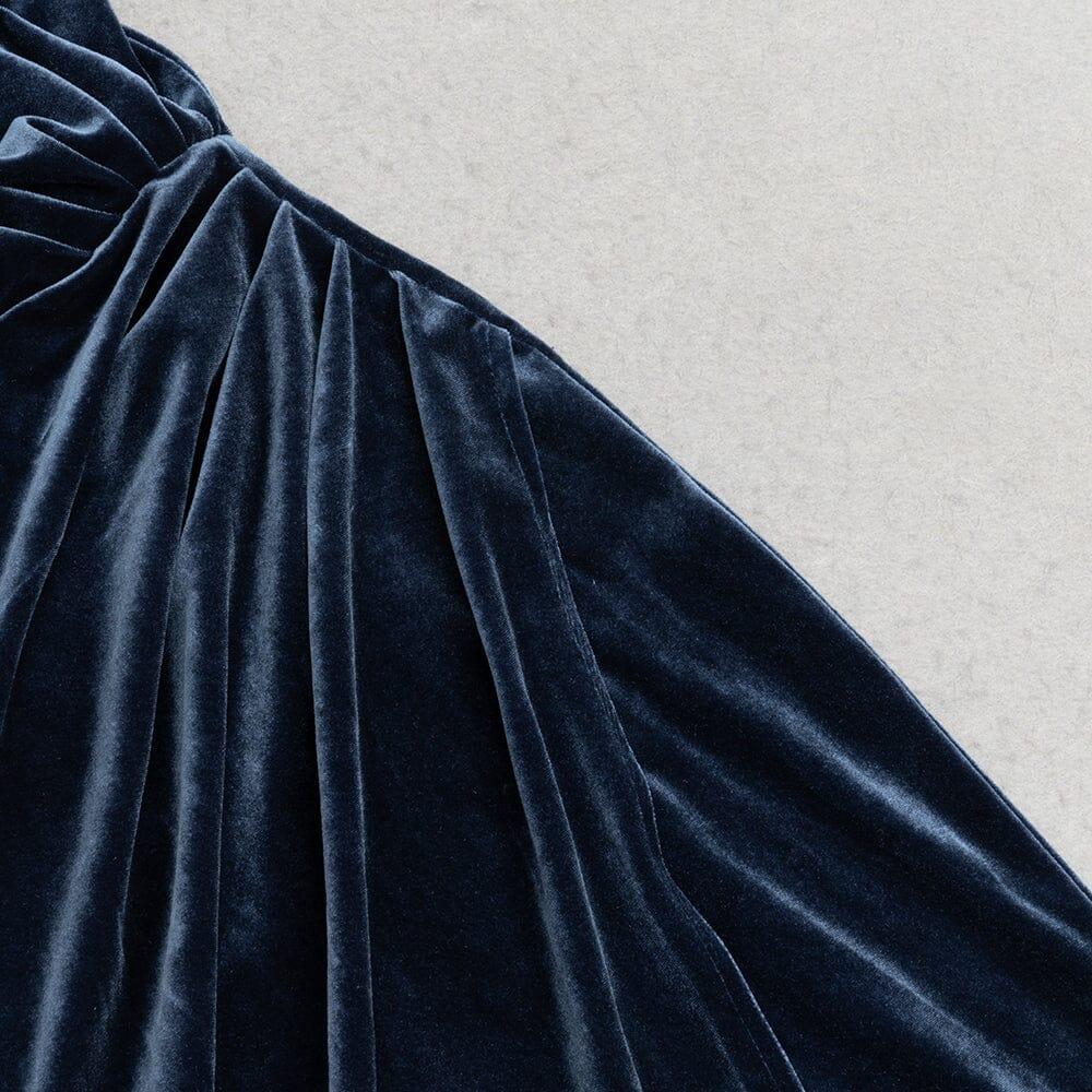 SOLID COLOR ASYMMETRICAL NECKLINE SLIT PLEATED VELVET GOWN