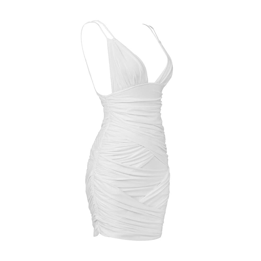 RUCHED SUSPENDER MINI DRESS IN WHITE