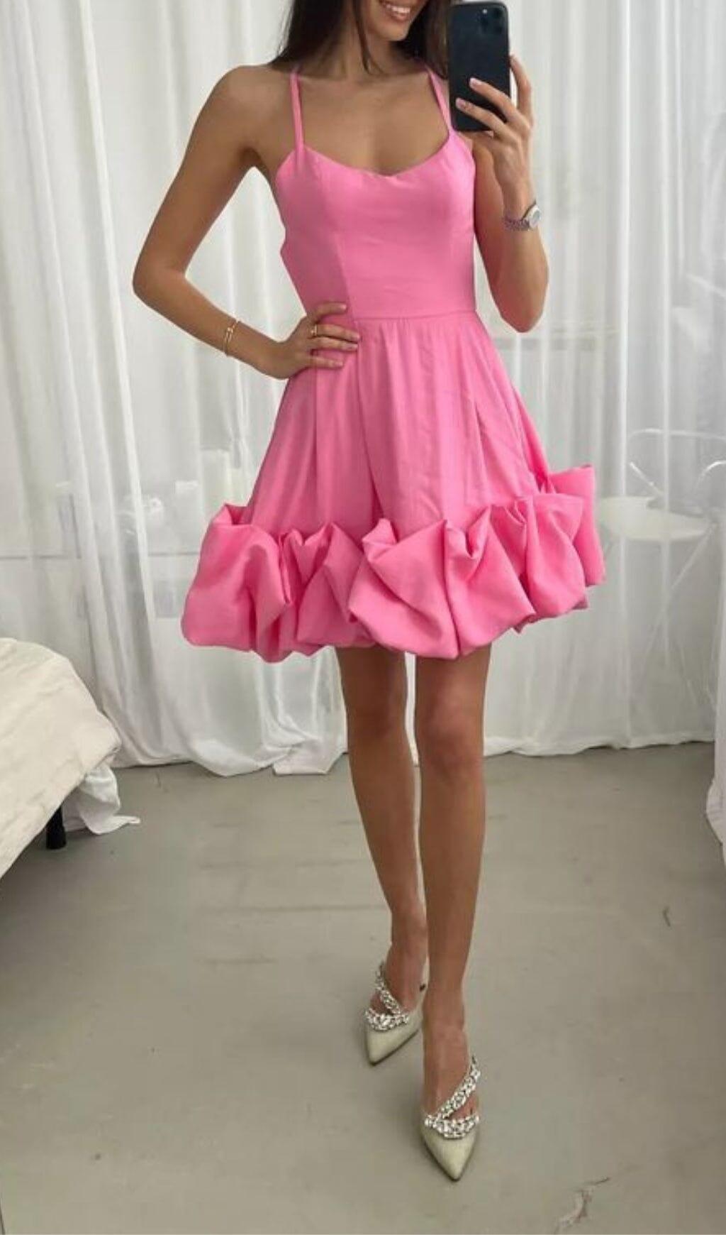 STRAPLESS HALTER SATIN MINI DRESS IN PINK