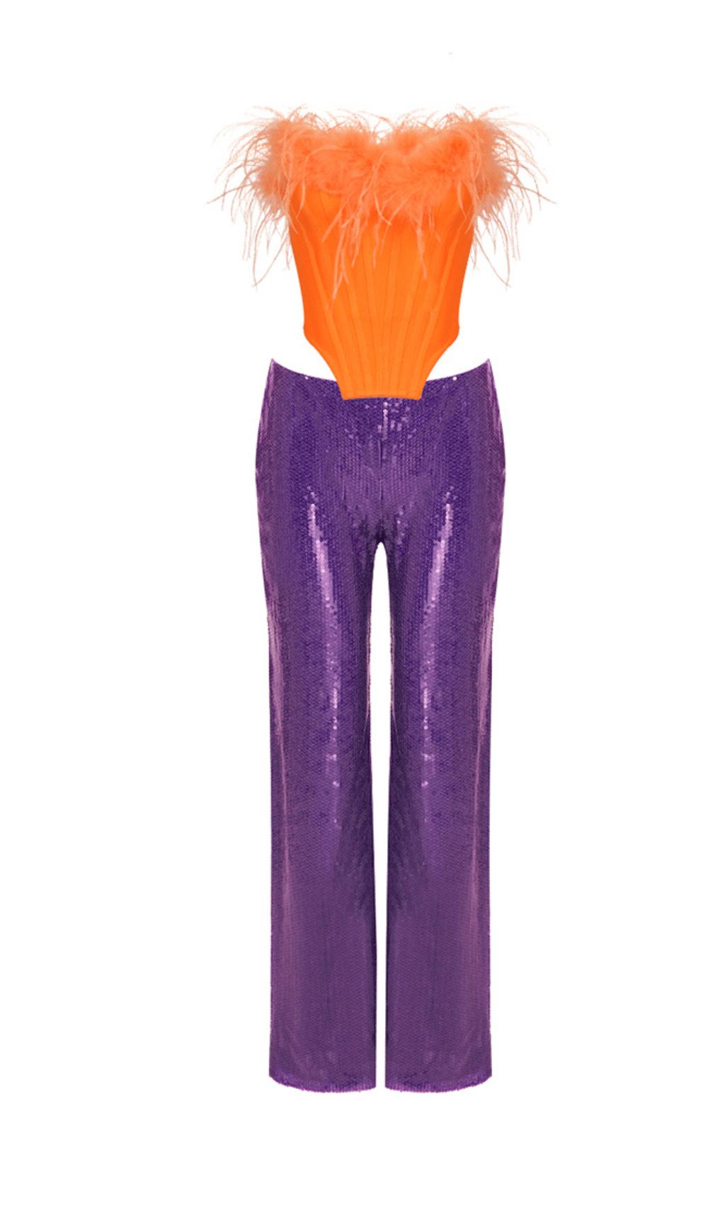 ORANGE FEATHER TUBE TOP & PURPLE SEQUINED TROUSERS TWO-PIECE SUIT