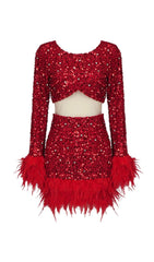 LONG SLEEVE PATCHWORK SEQUIN DRESS IN RED