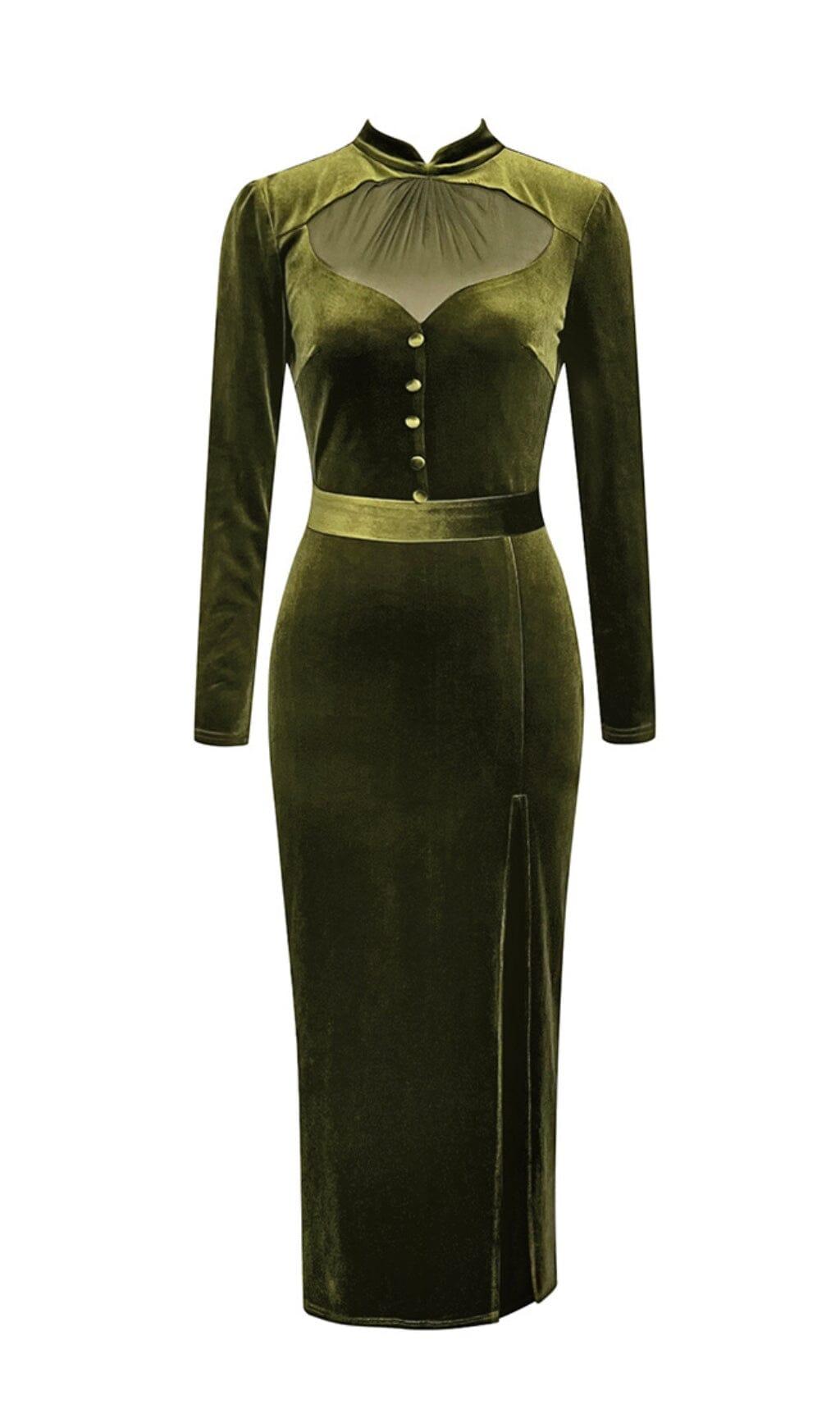 OLIVE GREEN MESH VELVET SLIT HIP-HUGGING DRESS