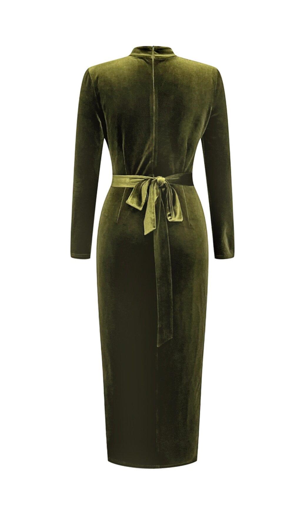 OLIVE GREEN MESH VELVET SLIT HIP-HUGGING DRESS