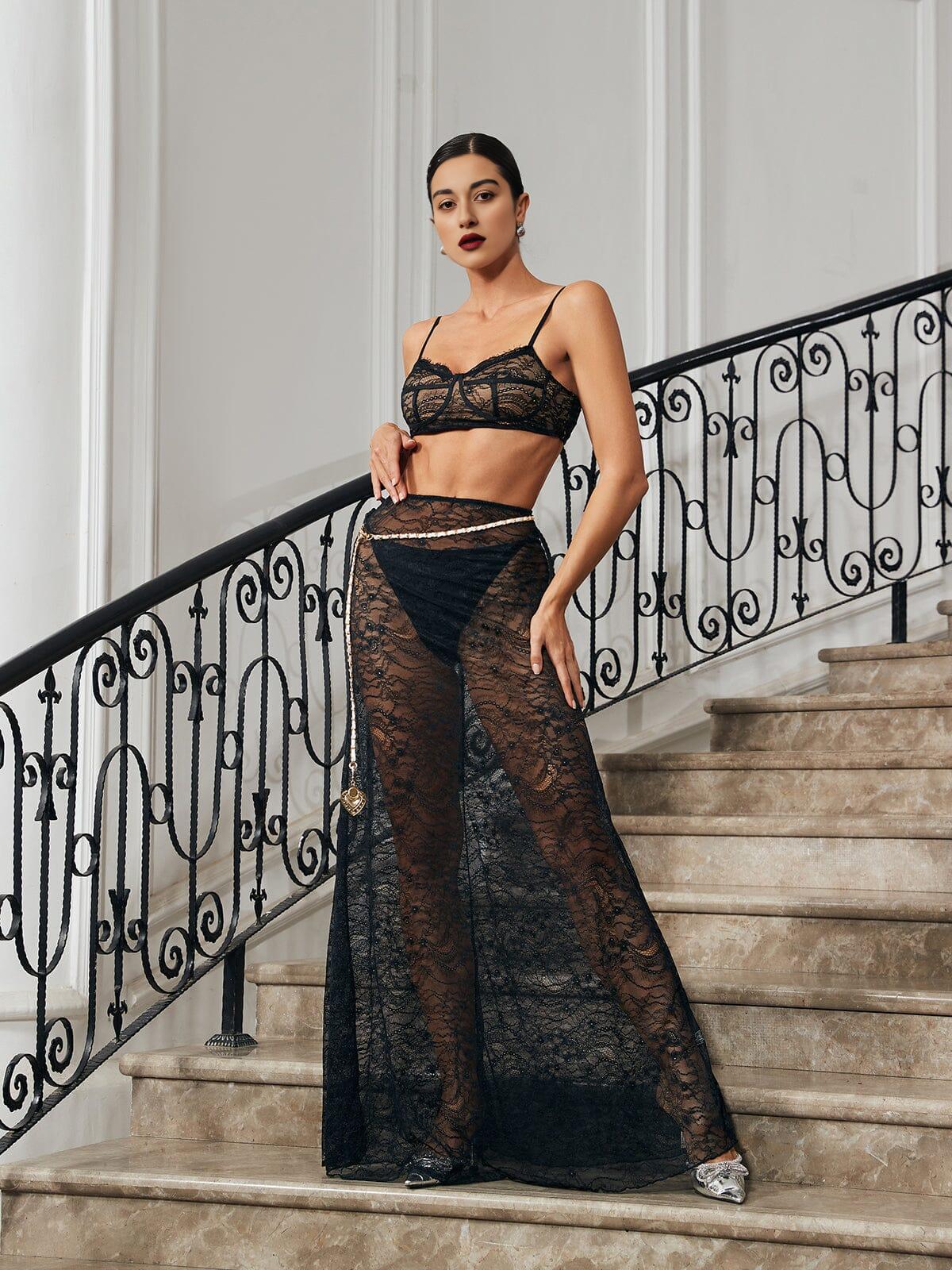 LACE SKIRT SET WITH WAIST CHAIN IN BLACK