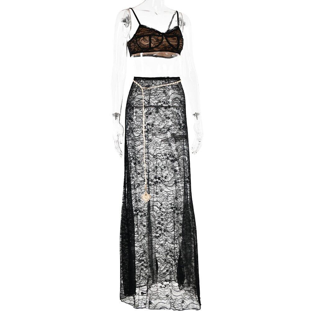 LACE SKIRT SET WITH WAIST CHAIN IN BLACK