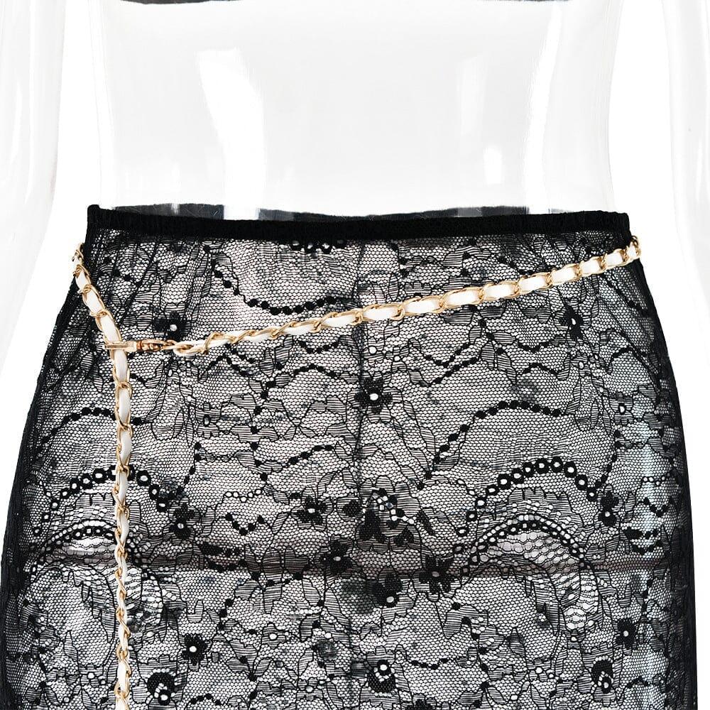 LACE SKIRT SET WITH WAIST CHAIN IN BLACK