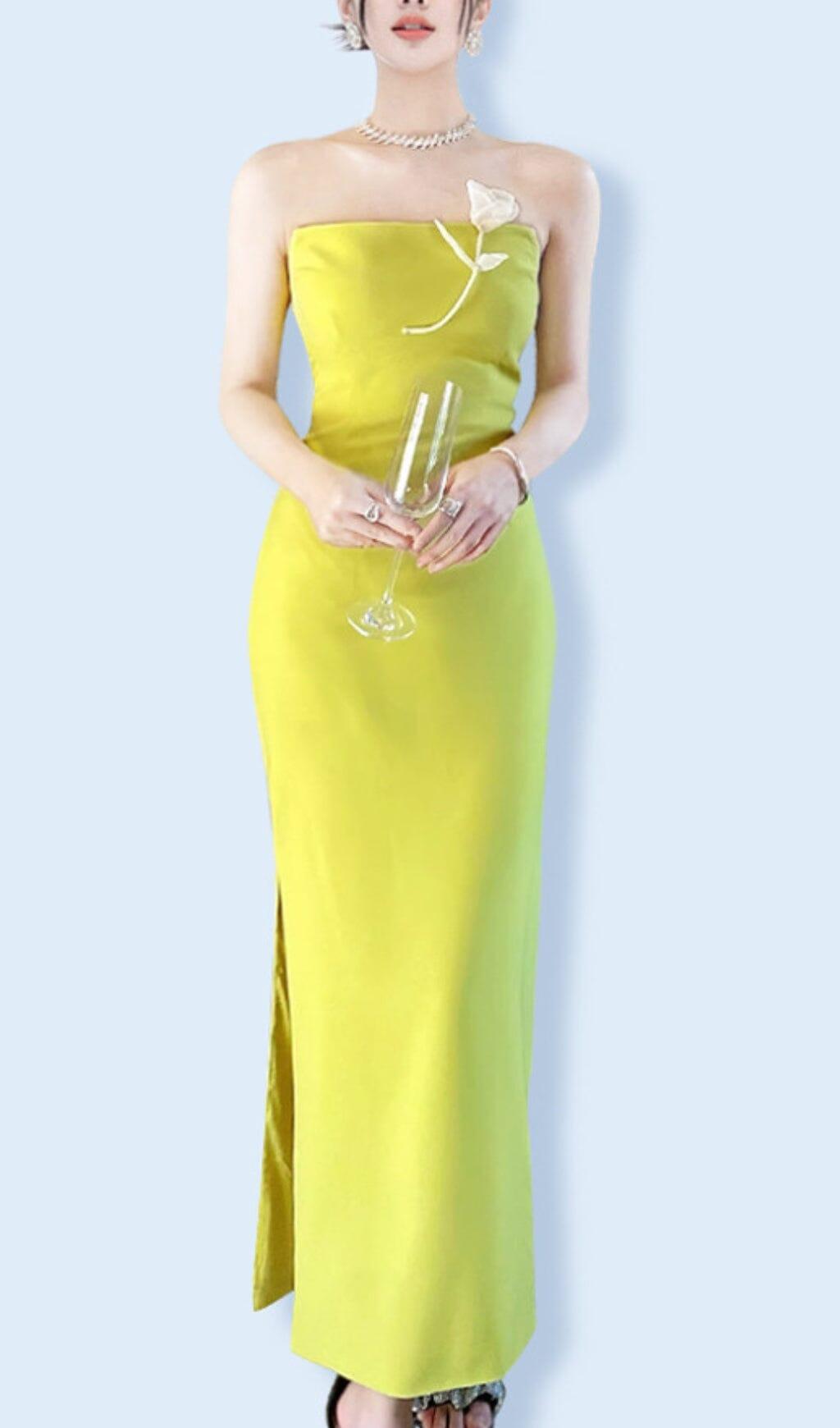 LEMON YELLOW FLOWER EMBELLISHED SLIT MAXI DRESS